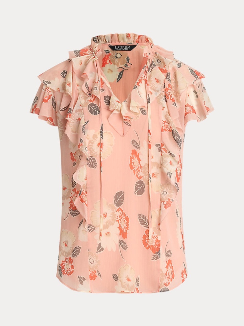 Ralph Lauren Pink Floral Ruffle Tie-Neck Blouse